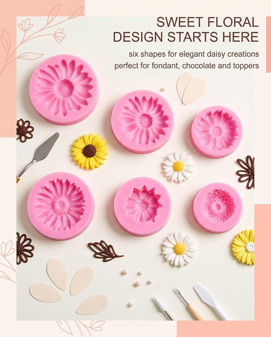 vormen voor kaarsen in de vorm van een madeliefje, set van 6 stuks, roze, eenvoudig losmaken en glad oppervlak, ideaal voor chocolade, zeep, hars en taarten om zelf te maken — afbeelding 2