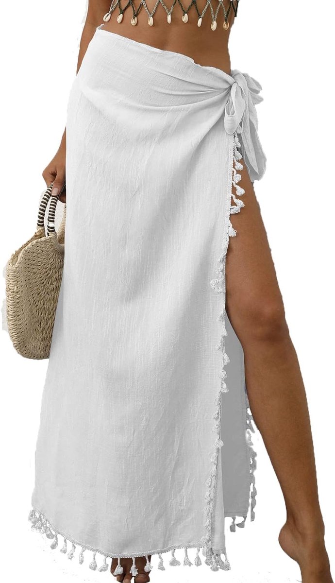 sarong pareo voor op het strand om te dragen over badpakken strand wrap sarong bedekking chiffon badpak wikkelrok dames strand lang sarong badpak met kwast, wit, Eén maat