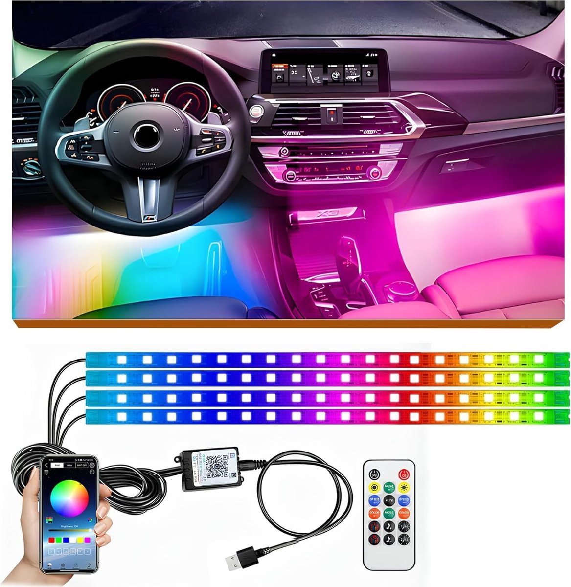 LED Binnenverlichting RGBIC, 4 stuks 72Strip Sfeerverlichting, 200+ Kleurmodi Meerkleurig Muziek, LED Strip Binnenverlichting Ambienteverlichting, USB-Poort Lichtstrip met Afstandsbediening