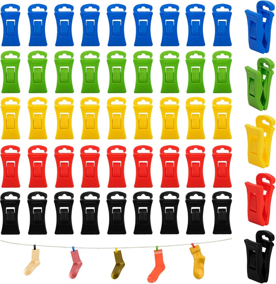Set van 50 sokkenklemmen, kleurrijke sokkenhouders met haken voor wasmachine en droger, antislip sokkenclip om te organiseren, op te hangen en te sorteren