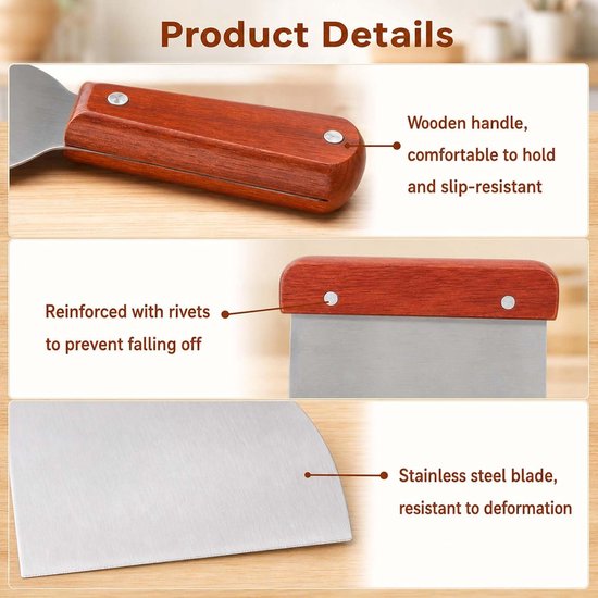 3 stuks deegschrapers van roestvrij staal, deegsnijder met houten handvat, antislip en roestbestendige deegkaart, keukenschraper voor portioneren en snijden voor cake, pizza, brood, cake — afbeelding 2