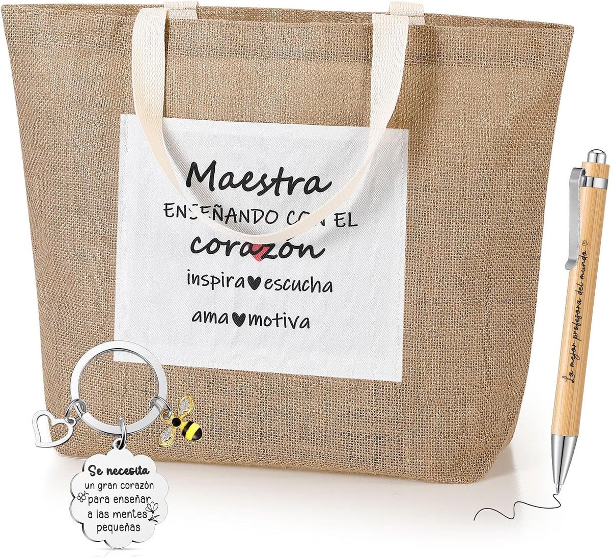 Set van 3 stuks Thanksgiving-cadeau voor lerarendag inclusief canvas tas, sleutelhanger bij en balpen van hout voor leraren