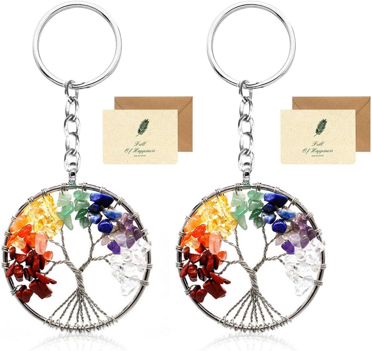 boom van het leven, 2 mooie ronde 7 chakra helende kristal levensboom sleutelhanger auto sleutelhanger geluksbrenger voor vrouwen met een kaart voor koppels minnaars moeder 2 vrienden,