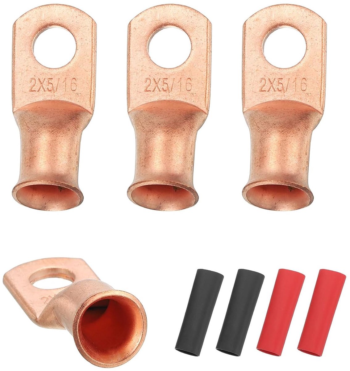 4 stuks 2 AWG M8 oogbatterijklemmen, 5/16 inch 8 mm kabelopzetstuk, koperen connector, 2:1 krimpkous, goud