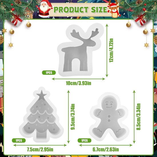 3 vormen voor kerstkaarsen, peperkoek, eland en kerstboom, siliconen vormen voor kerstkaarsen, kerstvormen voor kaarsen, doe-het-zelf kerstdecoratie — afbeelding 3