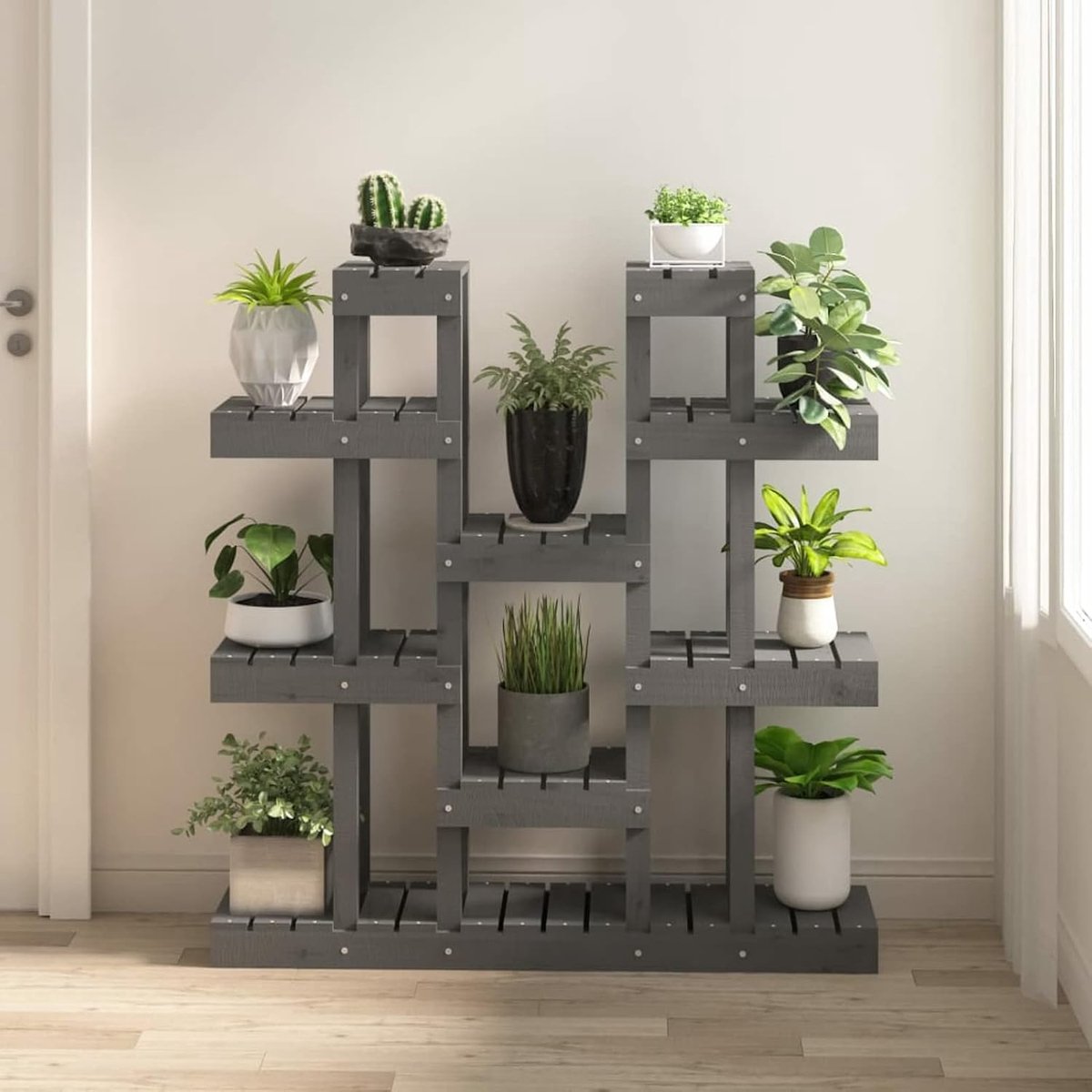 Grijs, 104,5 x 25 x 109,5 cm, massief hout, grenen, plantenrek, plantensteunen (SPU: 822094)