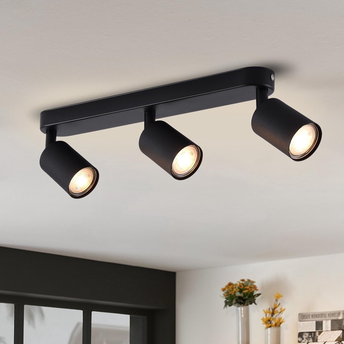 Plafondspots, rechthoekige basis, zwarte kroonluchter met 3 GU10 glazen spots, led-plafondlamp, plafondlamp voor winkel, vitrine, keuken, bar, woonkamer, lampen inbegrepen