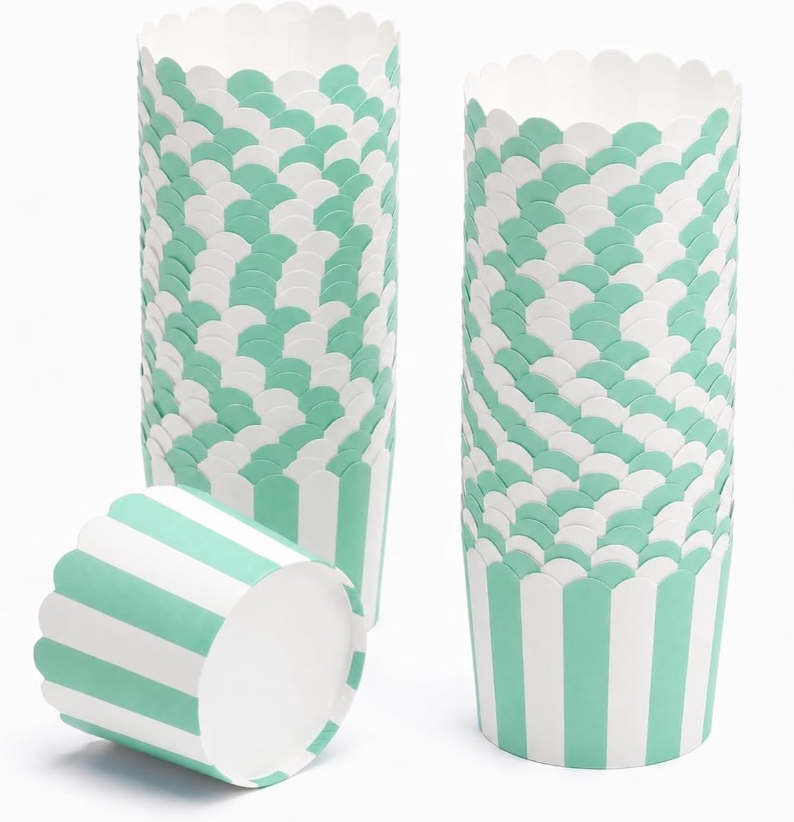 50 stuks muffinvormpjes, papier, cupcakevormpjes, groen wit gestreept, muffinvorm, papier, bakpapierbeker, 6 x 7 x 5,5 cm, met PE-folie en golvende rand, voor cupcakes, cakes, feesten, café