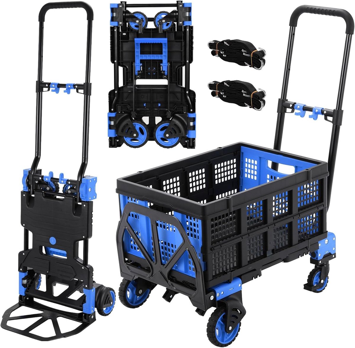 2-in-1 zakkarre en platformwagen met klapbox, transportwagen inklapbaar max. 150 kg, transportkarre 2 spanrubbers met haak, 3-traps hoogteverstelbaar, voor transport, winkelen, camping (Blauw)