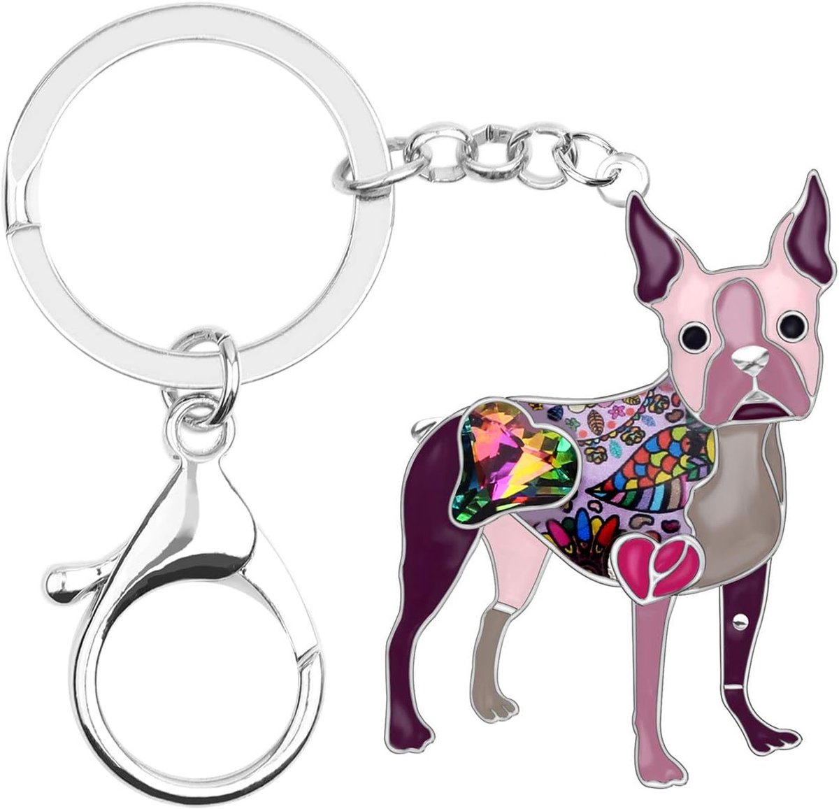 Emaille Metalen Hart Strass Boston Terrier Hond Sleutelhangers Voor Vrouwen Kids Auto Purse tas Ringen Charms Huisdieren Gift