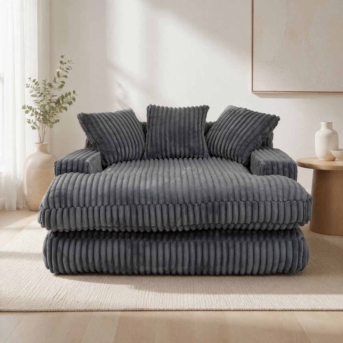 MEUNIQ chaise longue van ribstof 155 x 125 x 63 cm, modern 1-zitsmodel met 3 kussens, 150 kg draagvermogen, voor woonkamer of slaapkamer, grijs