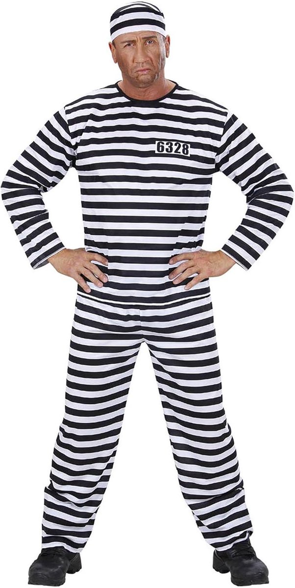 SnelShoppen - Party Fashion Kostuum - Gevangenis Outfit voor Thema Feest, Carnaval - Top, Broek en Hoofddeksel - Zwart/Wit Gestreept - Maat L