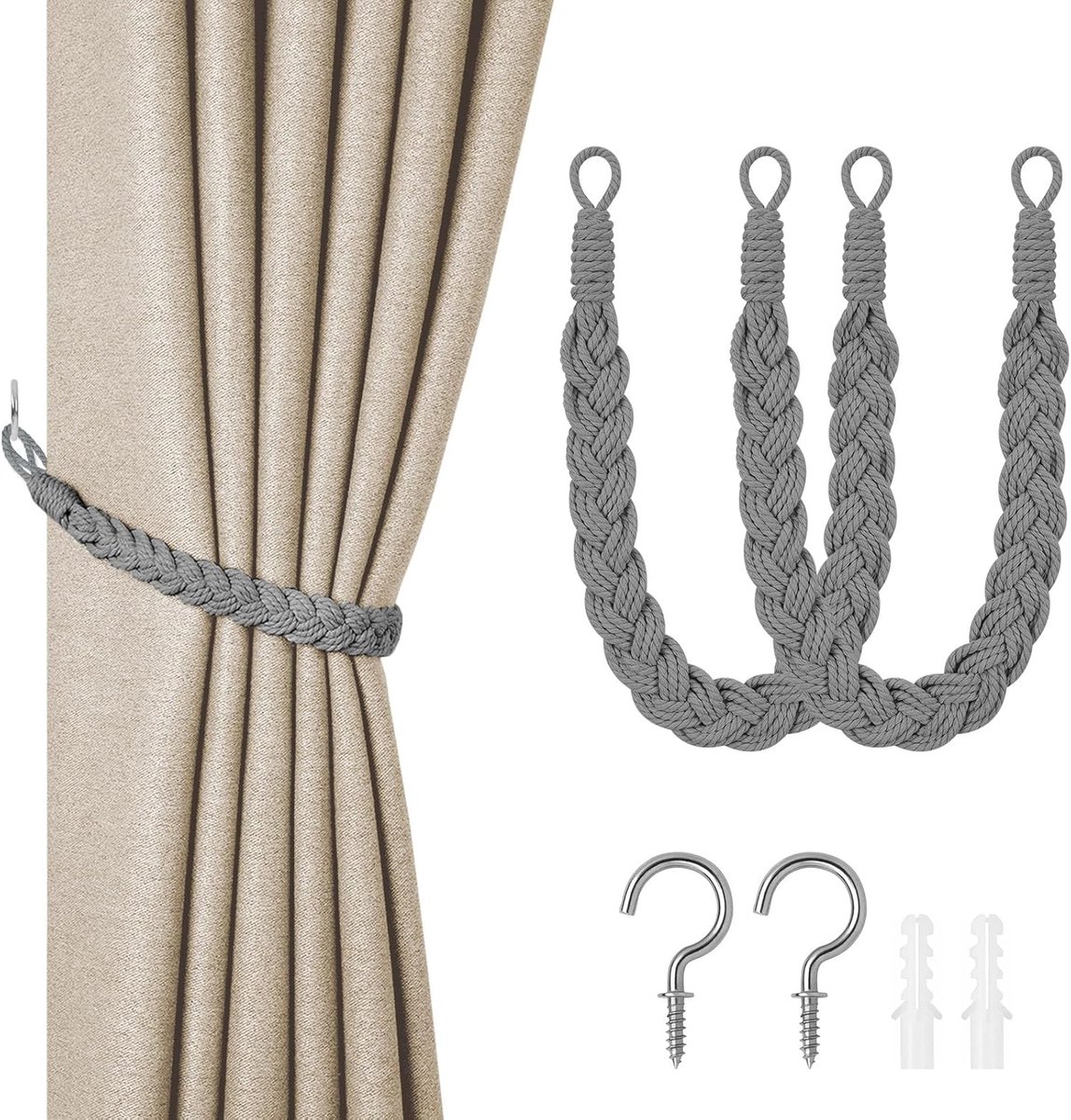 Gordijnbinders set van 2 - Natuurlijke katoenen touw - Elegante boho stijl - Handgeweven en stevig - ShopVlot