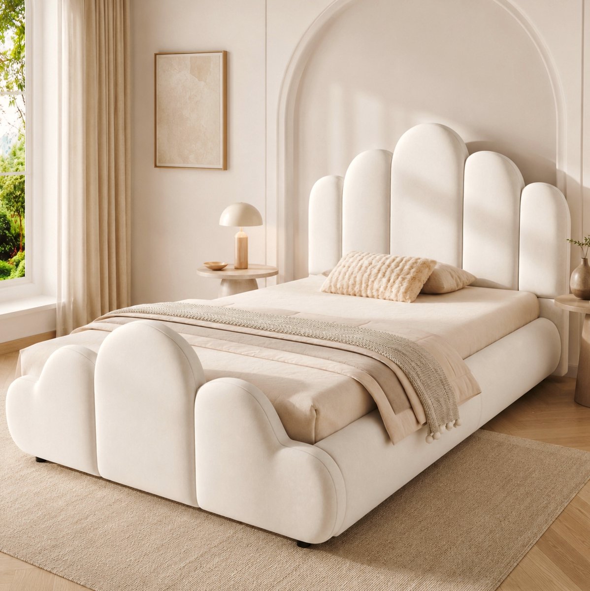 MIVRAY Polsterbed 90x200cm - Eenpersoons Kinderbed Met Gevoerd Hoofdbord En Lattenbodem - Rondom Afgerond - Samt - Beige