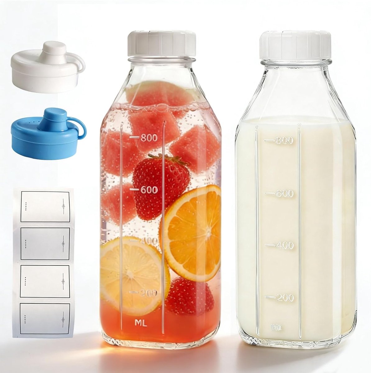 glazen flessen met deksel, 2 stuks 1 liter glazen melkcontainers met schaalaanduiding, smoothiefles, voor sap, smoothie, kombucha, zelfgemaakte drankjes, transparant