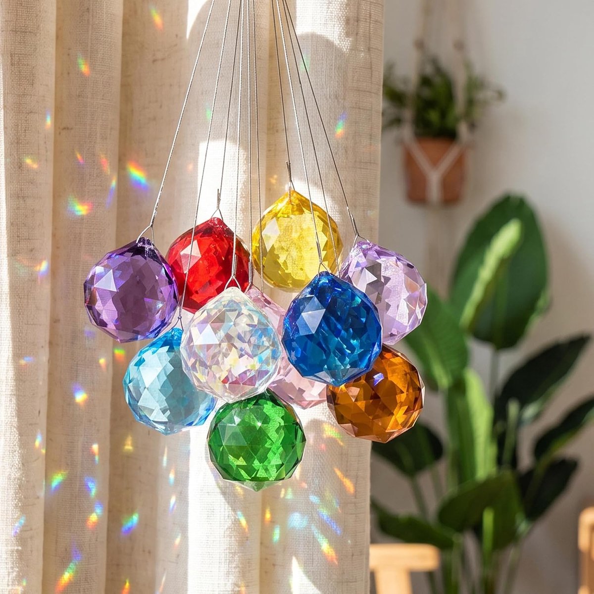 Zonnevangers, kleurrijke K9 kristallen ballen van 20 mm met metalen ringen, zonnevangerprisma's, regenboogkristallen voor raamdecoratie, doe-het-zelf balkon, cadeau
