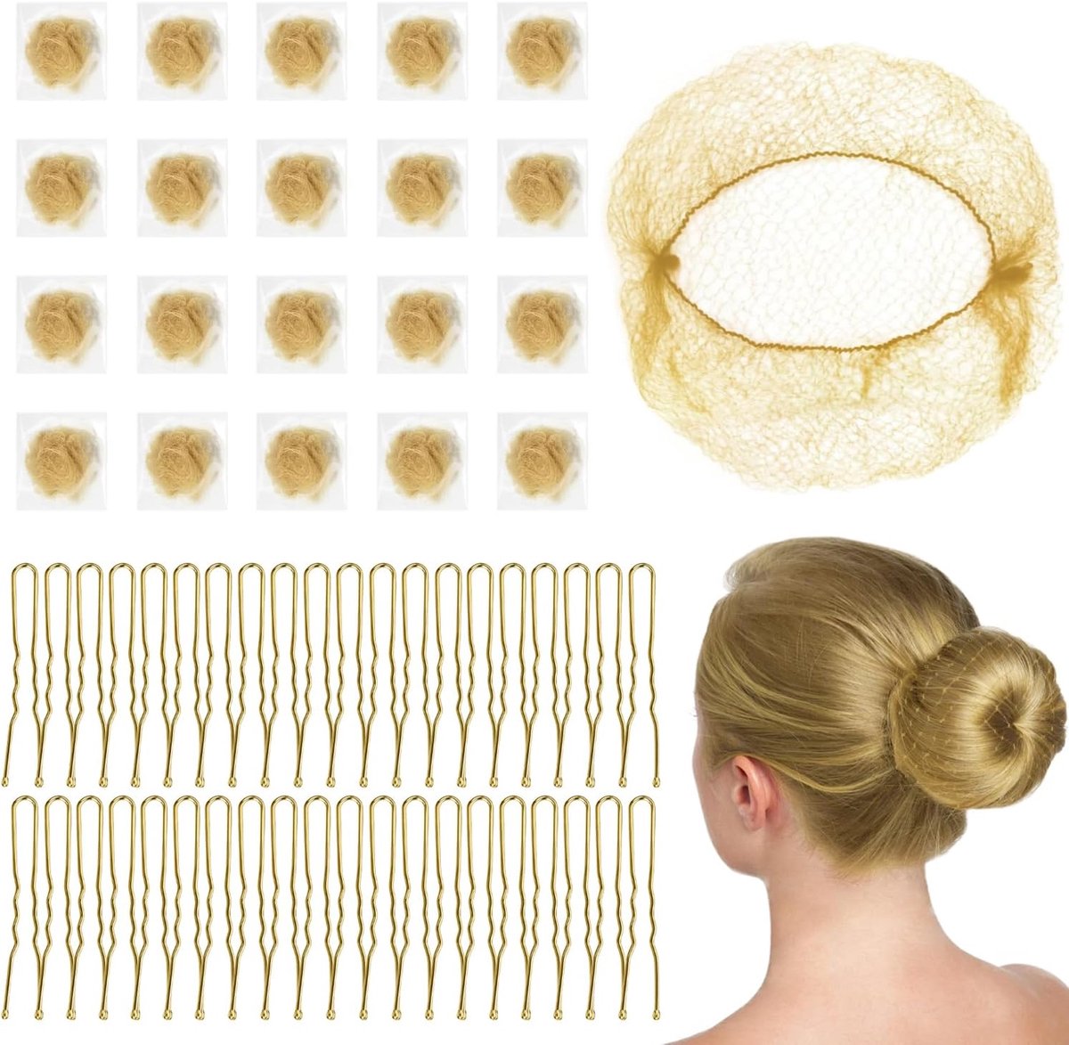 Haarnetjes voor Knotsjes, 20 stuks elastische haarnetten, 40 stuks U-vormige haarspelden, Goud