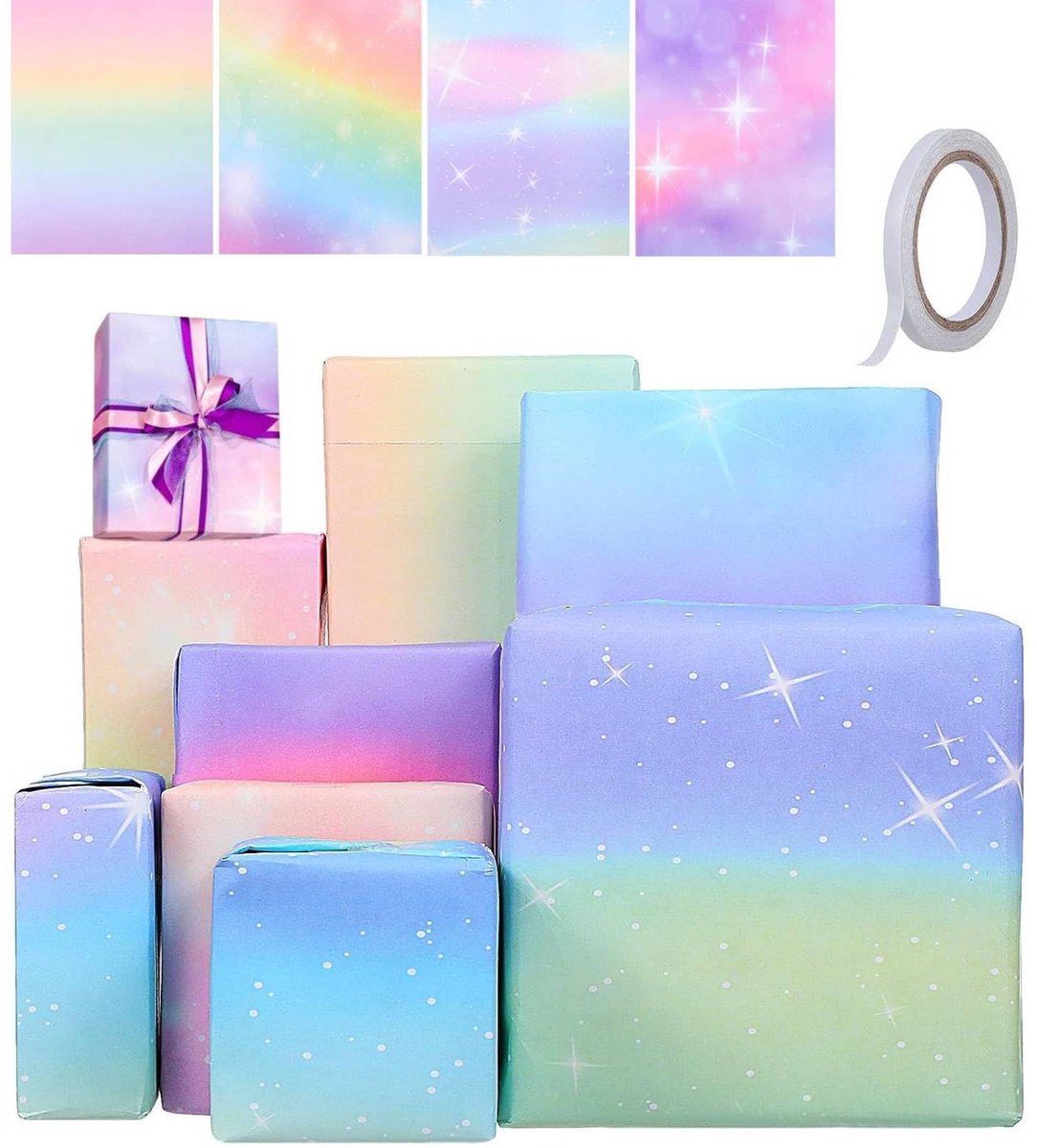 Cadeaupapier voor meisjes verjaardag 10 vellen - pastelkleurige regenboogverloop - inpakpapier met plakband - SnelShoppen