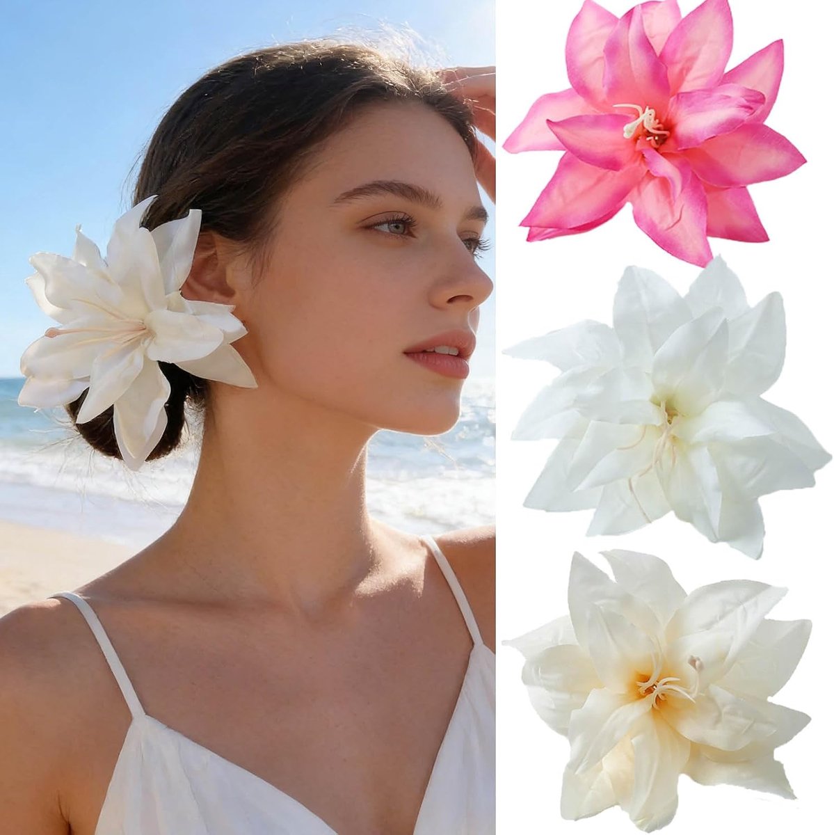 13,9 cm grote haarspeld met tropische Hawaïaanse bloemen haarspeld op strand aan zee in vakantie haaraccessoires voor vrouwen bruiloft feest (wit)