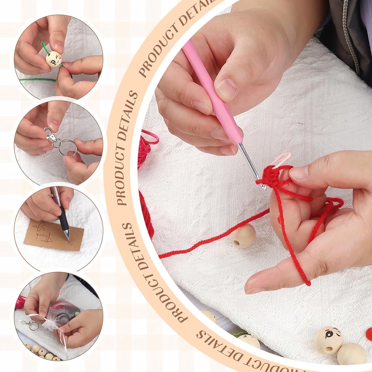 108 stuks zorgenwormjes, haakset met 30 stuks lachen gezicht, houten kralen, kleurrijk haakgaren met haken, handbreigaren, organzazakje voor doe-het-zelf gelukswormen, handwerk, sleutelhangers