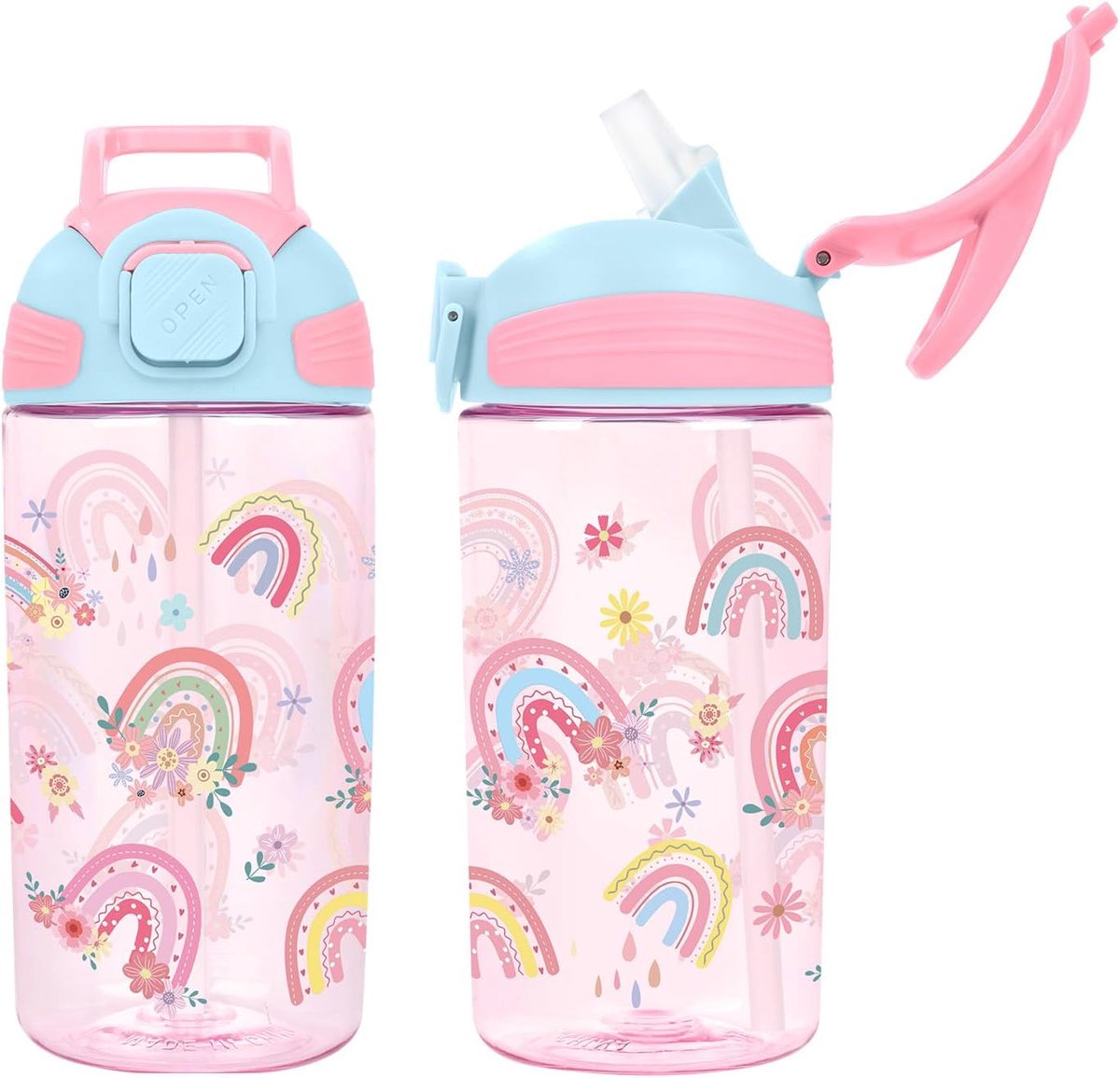 Drinkfles voor kinderen, 600 ml, drinkfles met rietje en draaggreep, lekvrije waterfles voor meisjes en jongens, sportdrinkfles voor school, outdoor (Boho-regenboog)