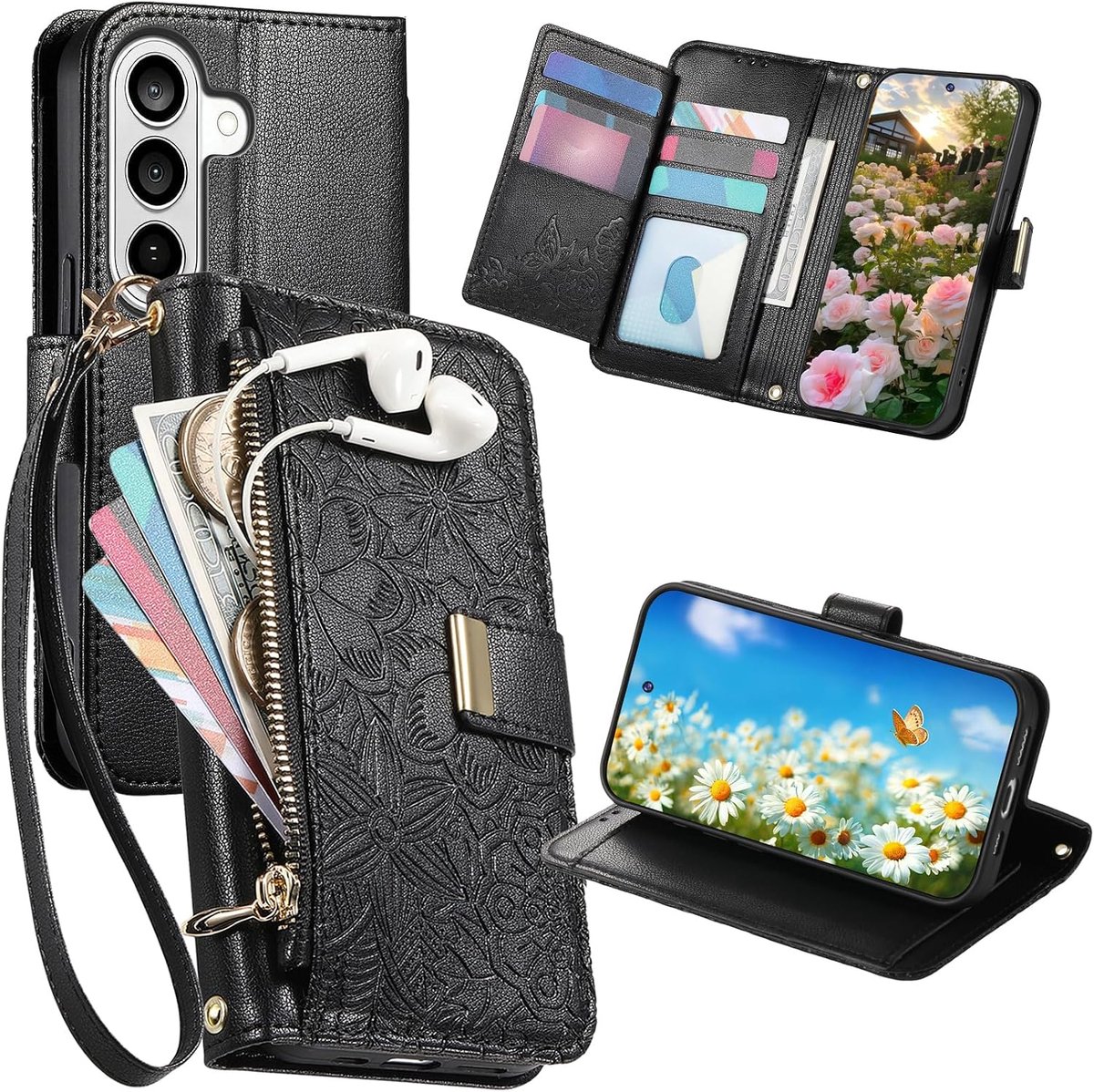 Hoesje voor Samsung Galaxy S26 met Polsband HYY Zwart | Dames bloem reliëf PU Leather Klaphoesje met Standaard en Rits kaartsleuf, Schokbestendige Beschermhoes voor Galaxy S26