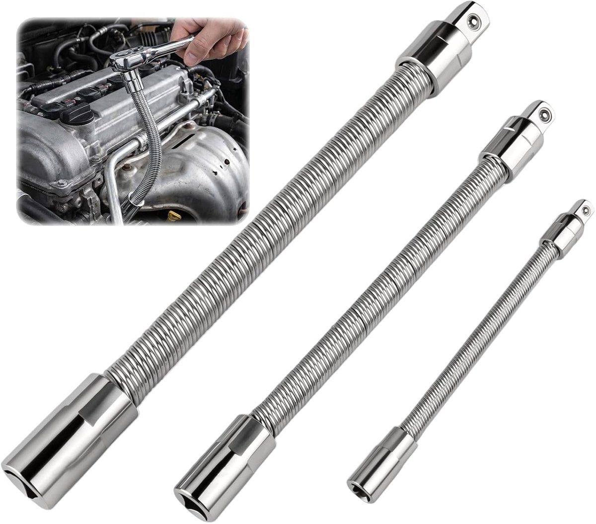 3-delige Steeksleutelverlengset met Flexibele, 1/4 inch, 1/2 inch, 3/8 inch | Lange As Ratel Verlengstangset, Metalen Verlengstukken Schachten voor Auto's Vrachtwagens, Schroevendraaiers en Ratels