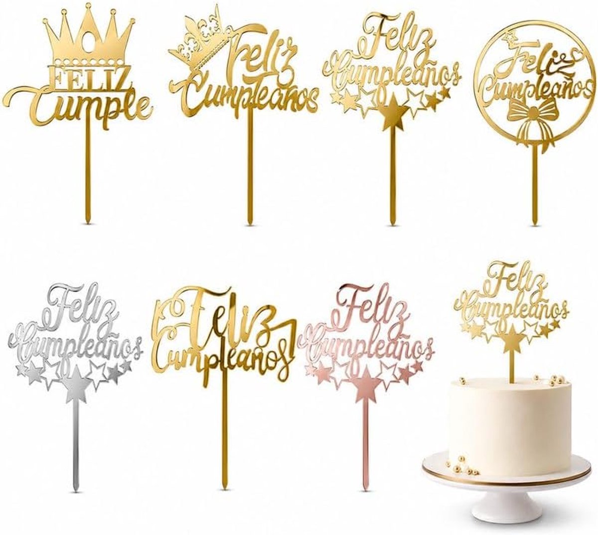 Cumpleaños Cake Topper Set 7 stuks van goud acryl met spiegeleffect, Spaanse verjaardagstaartdecoratie met prikker, cake decoratie voor taart, feest, desserttafel en viering