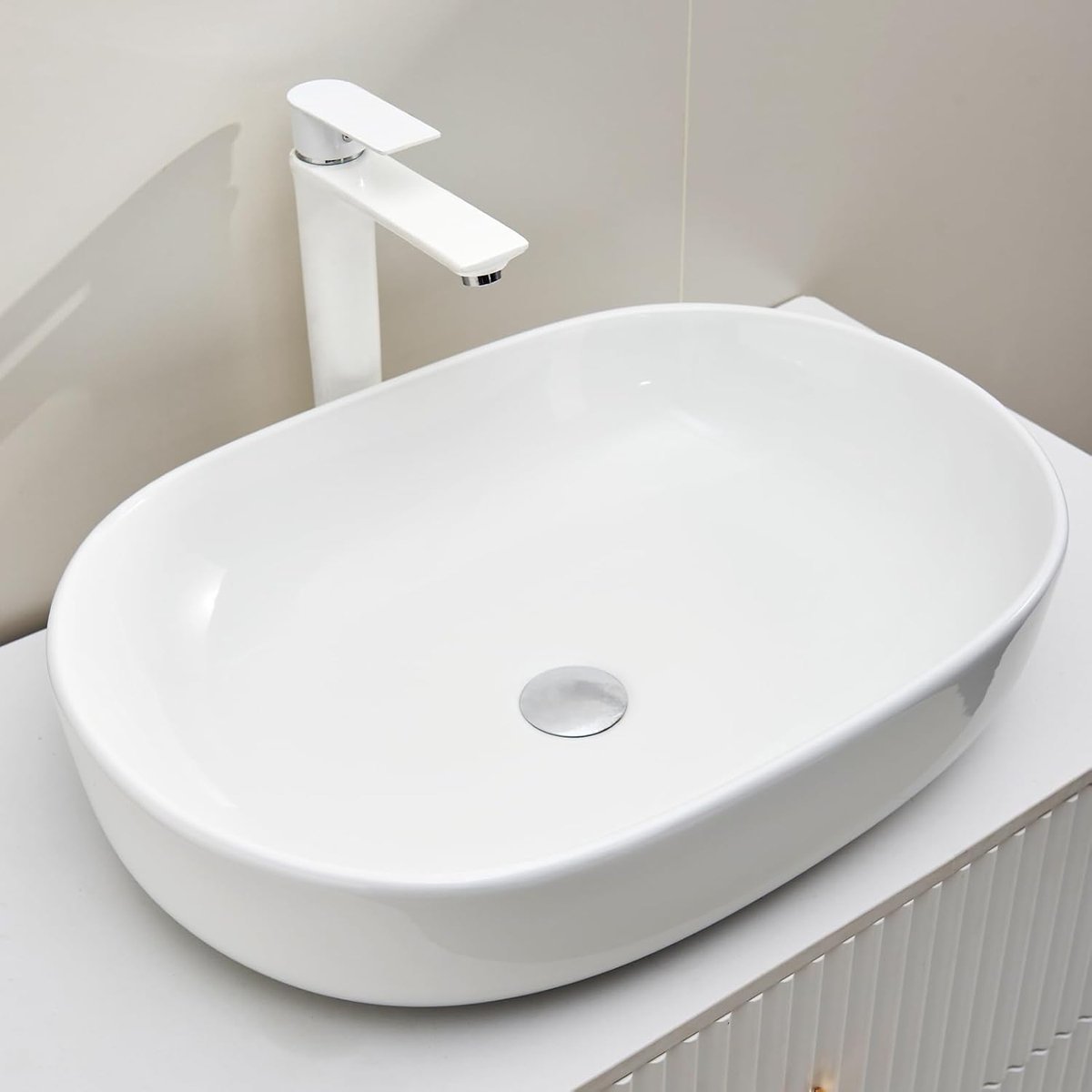 Wastafel van hoogwaardig sanitair keramiek, 60 x 40 x 15 cm, opzetwastafel voor badkamer en gastentoilet, zonder kraangat en overloop, wit, 60 x 40 cm