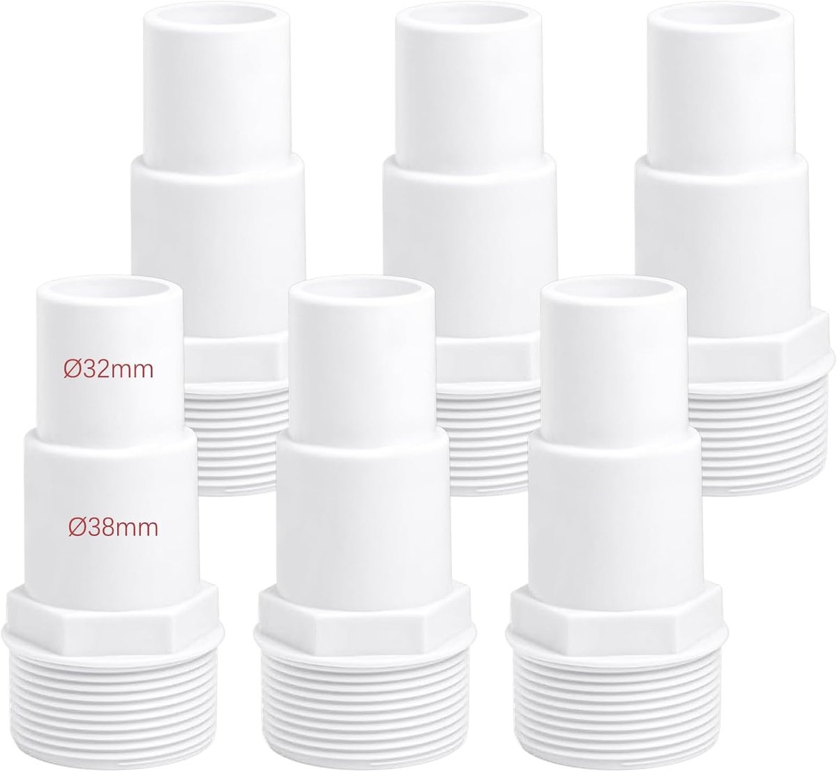 Set van 6 verbindingsstukken voor zwembadslangen, Ø 32/38 mm, aansluitingen voor zwembad, 1,5 inch, wit