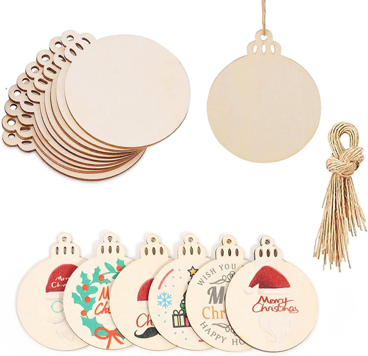 Kerstballen 8 cm Houten Hanger met Touw Kerst Ronde Chips Natuurlijke Ronde Kerstballen Lege DIY Bomen Hangende Versieringen Handgemaakt voor Decoratie (bal)