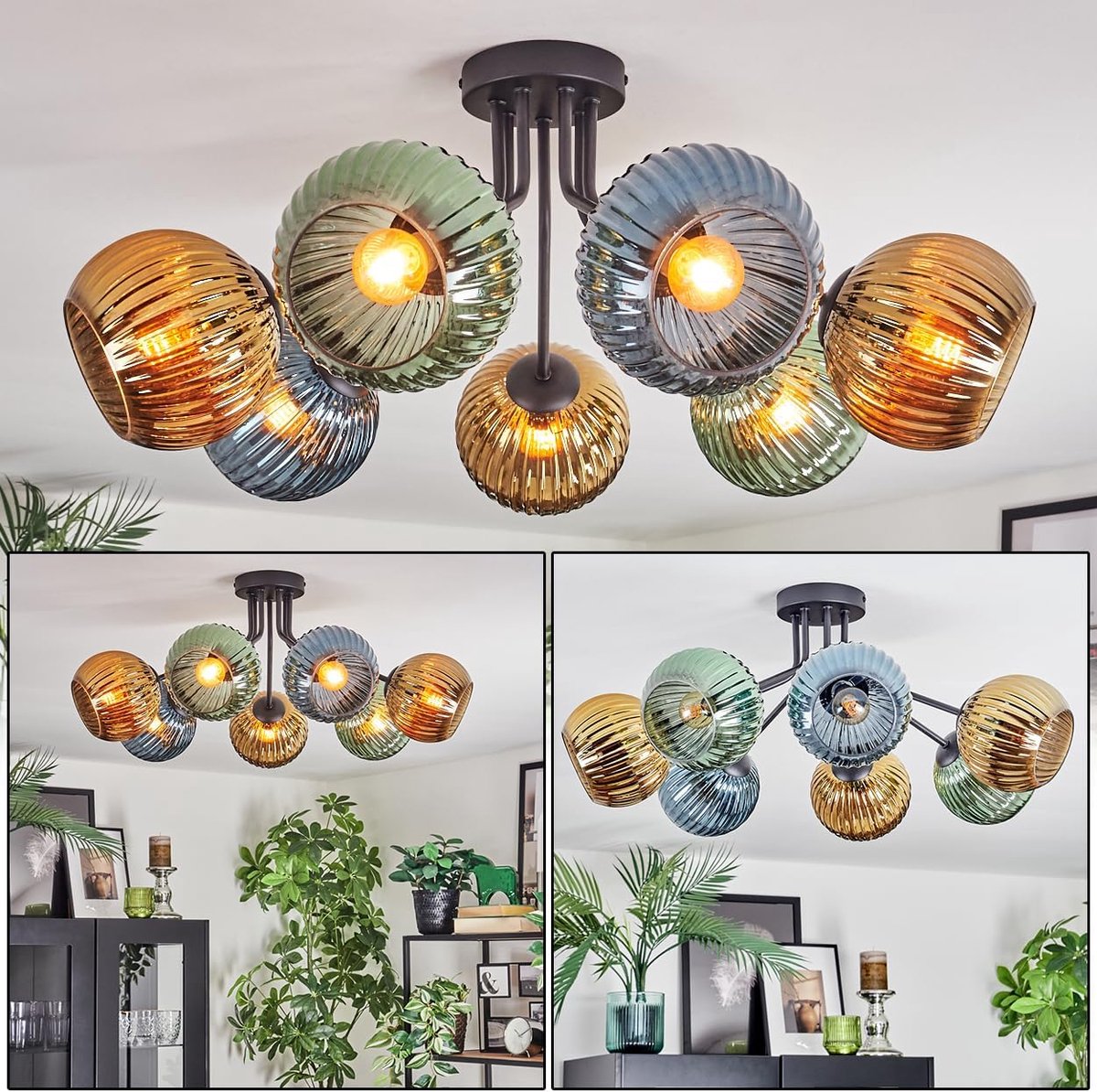 Plafondlamp Koyoto, 7-lichts plafondlamp van metaal/golfglas in zwart/blauw/groen/goud/koper, retro design armatuur (kappen Ø 15cm), E14, eetkamer, woonkamer, slaapkamer, keuken
