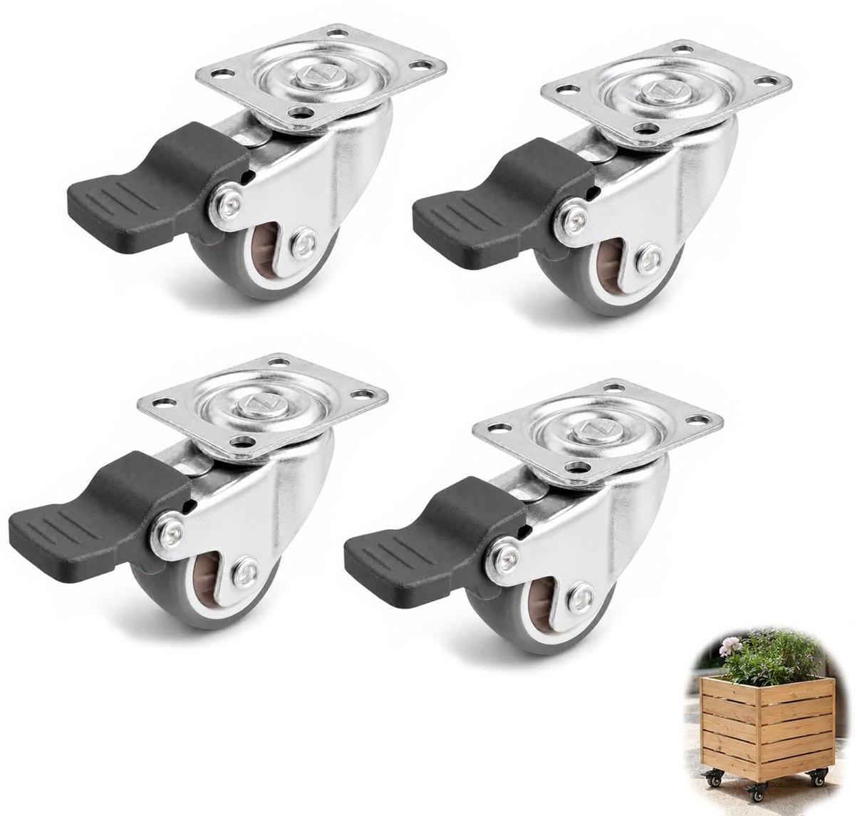 25 mm wielen voor kleine zwarte meubels met 4 remmen, stille zwenkwielen, draagvermogen 45 kg, rubberen wielen voor zware belasting voor tafel, kast, rek