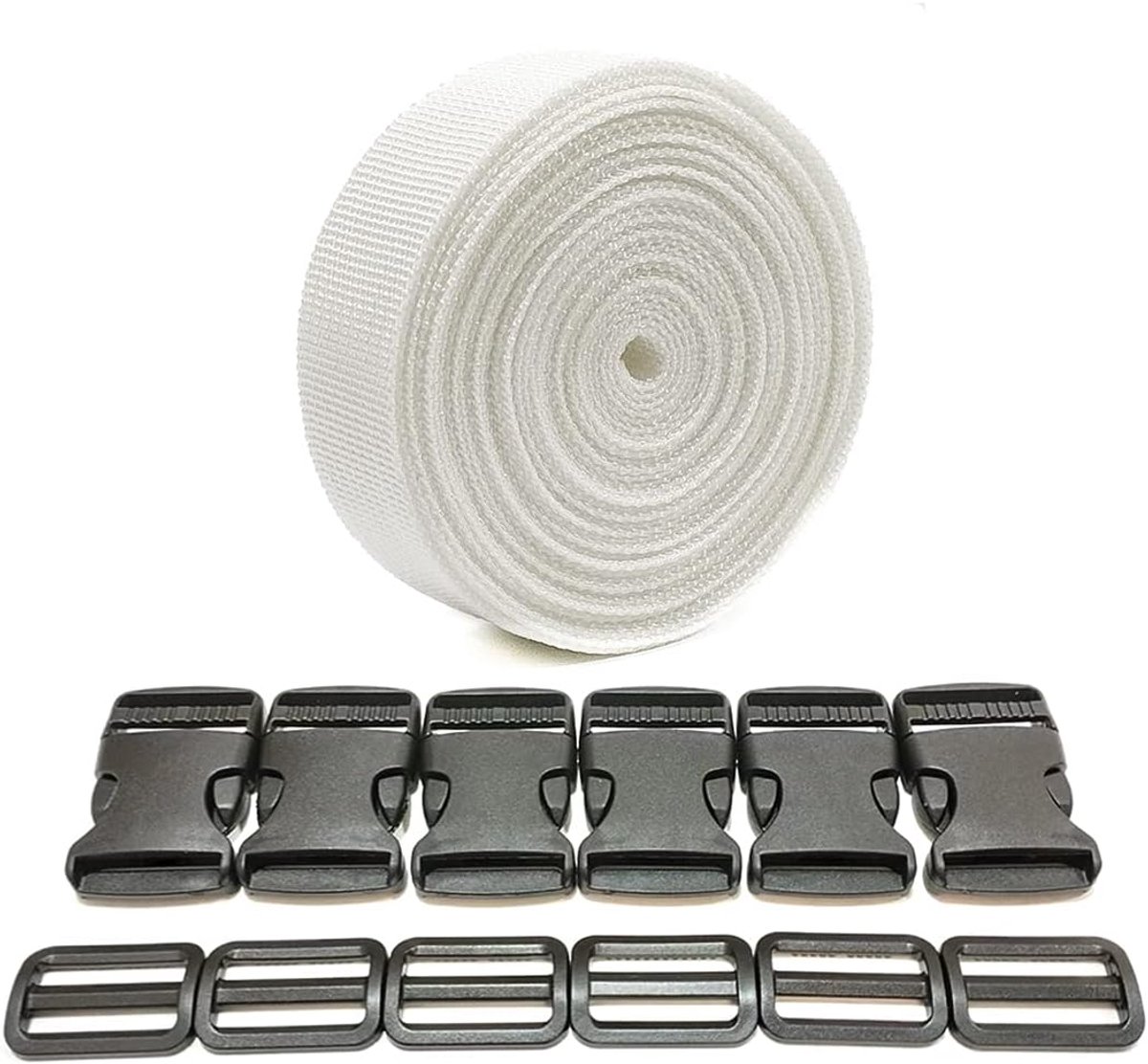 3 meter x 50 mm + 12 kunststof gespen, nylon band met drukknopen, rugzakriem, bagageriem, kofferriem, (50 mm, wit 101)