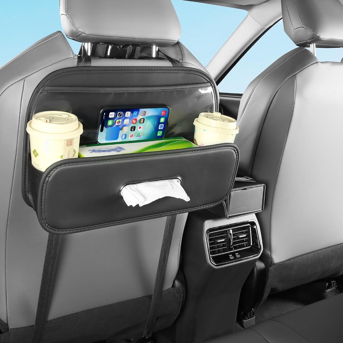 Auto Organizer met Tissue Houder en 2 Pack Achterbank Bekerhouders Multifunctionele Auto Organisatoren en Opslag met Transparante Opbergtas & Haken Universele Tissue Box voor SUV