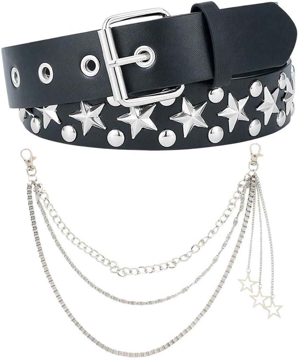 Riem van kunstleer met oogje en afneembare ketting, gesp van legering, 117 x 2,9 cm, punkrock-stijl, verstelbaar, gothic-stijl, vintage, zwart leer, voor dames en heren