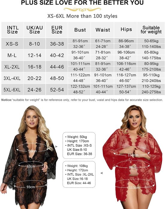 Ohmydear Dames ochtendjas kimono korte robe sexy kanten nachtkleding vrouwen mollige negligé lingerie curvy nachtjapon grote maat diepe V-hals nachtjurk met G-string riem zwart XS-S — afbeelding 2