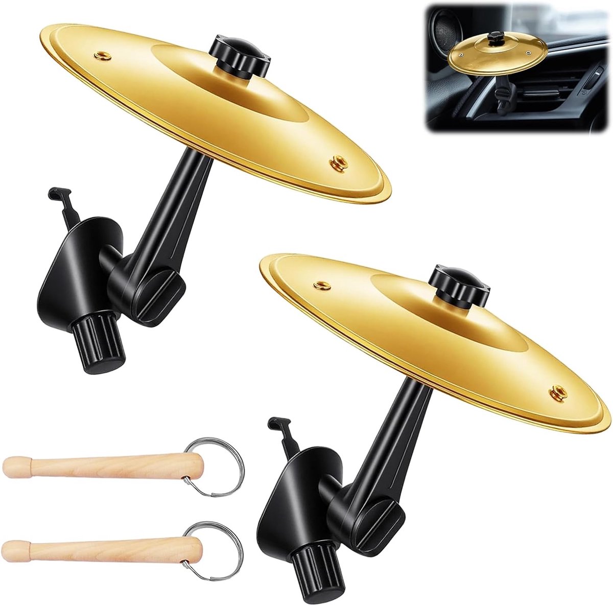 Drumstel, 2 stuks Mini Bekken Drumstel Auto, Auto Crash Bekken met Slagstaaf, Drum Cymbals voor Auto, Drumstel Auto Decoratie voor Alle Soorten Voertuigen Drummers Muziekliefhebbers (Goud)