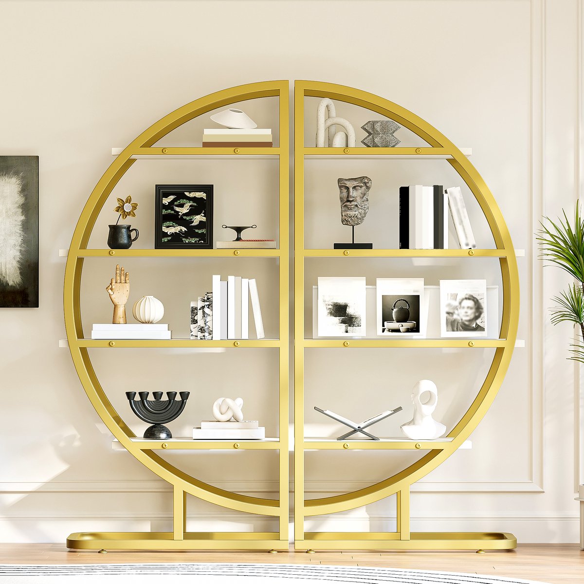 Boekenkast – Rondboog Ontwerp Met Gouden Metalen Frame En 4 Witte MDF Planken – 120 x 30 x 130 cm – MDF En Ijzer – Goud En Wit – Open Displaykast