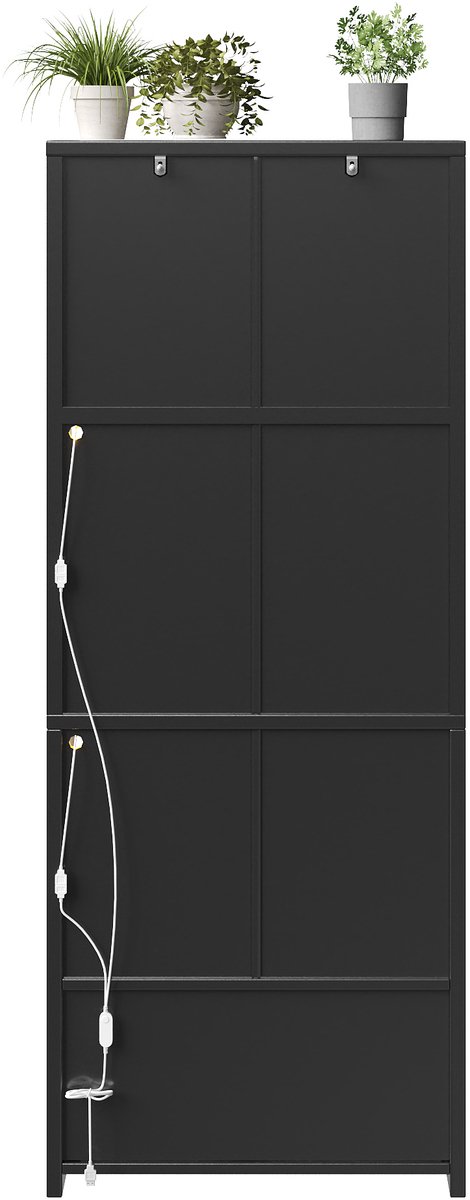 OKWISH Buffetkast - Gebogen Glazen Deuren Met Ledverlichting En Usb-Aansluiting - 140x40x180 cm - Verstelbare Planken - MDF Zwart