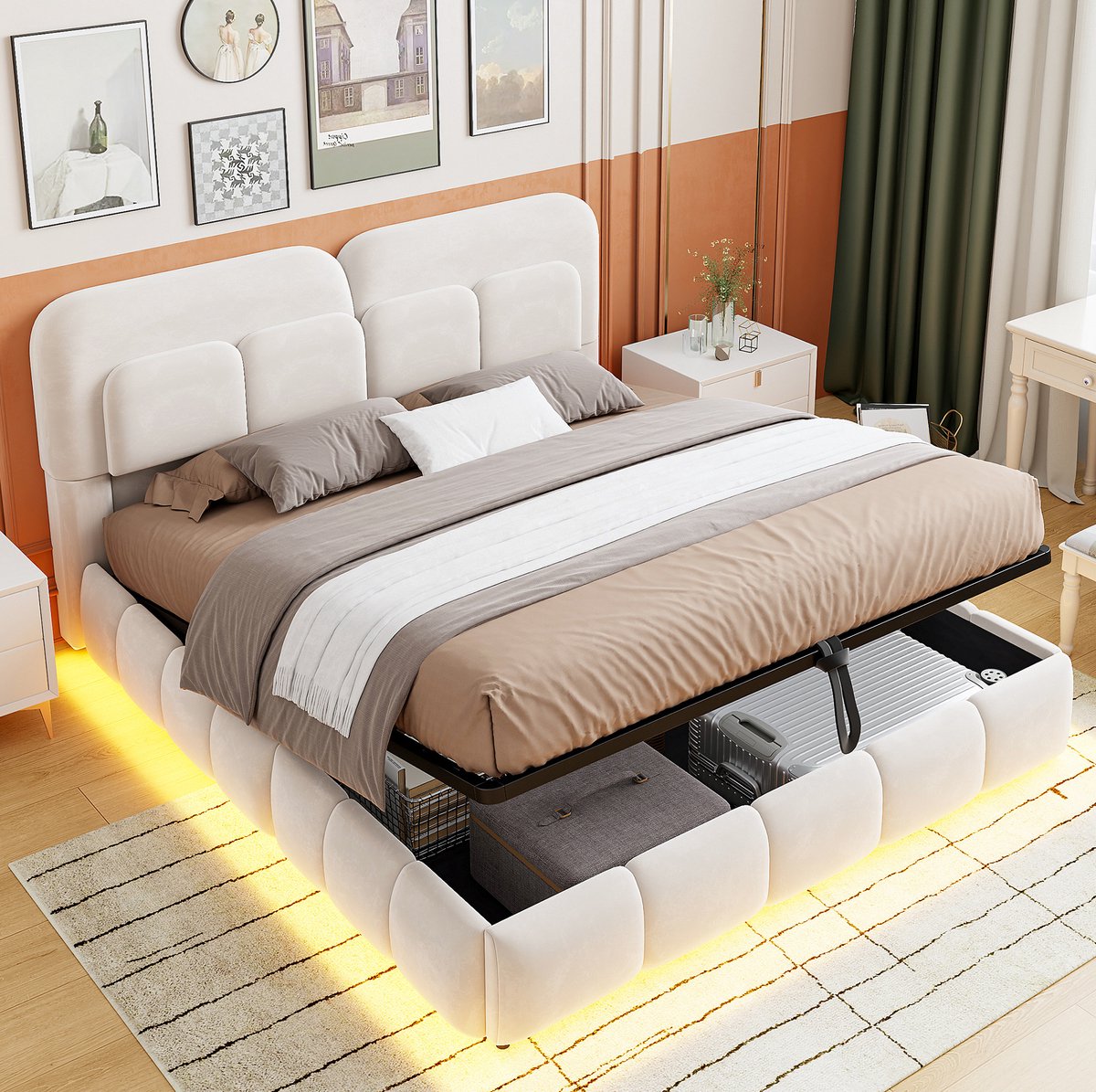 Gestoffeerd Bed 140 x 200 cm - Met LED-verlichting en Hydraulische Opbergruimte - Tweepersoonsbed - Fluweel - Zonder matras - Beige