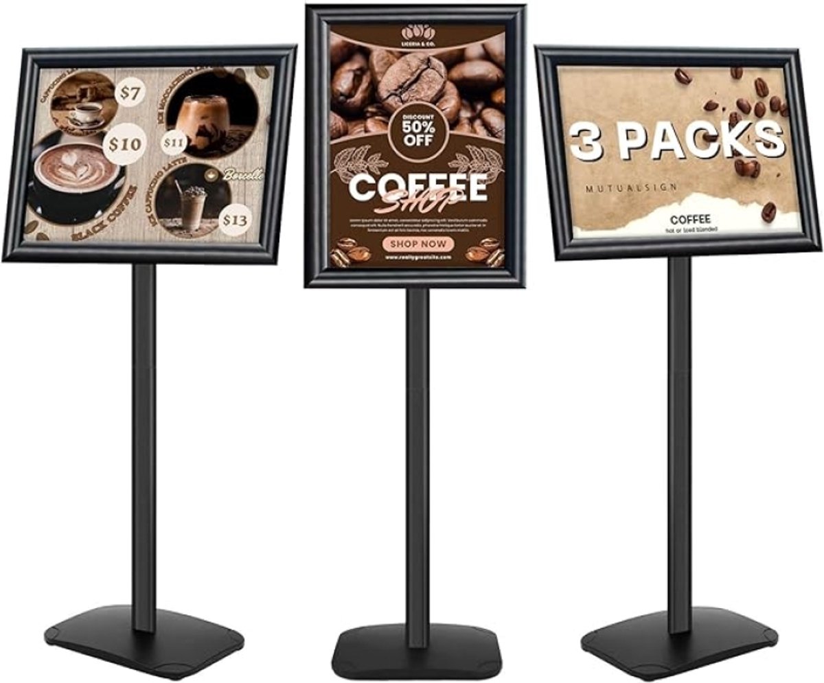 PromoHome Set van 3 - A3 displaystandaarden met verzwaarde basis - Robuuste paneelhouder voor binnen en buiten - Posterstandaard op voet voor menu, welkomstbord of display - Zwart
