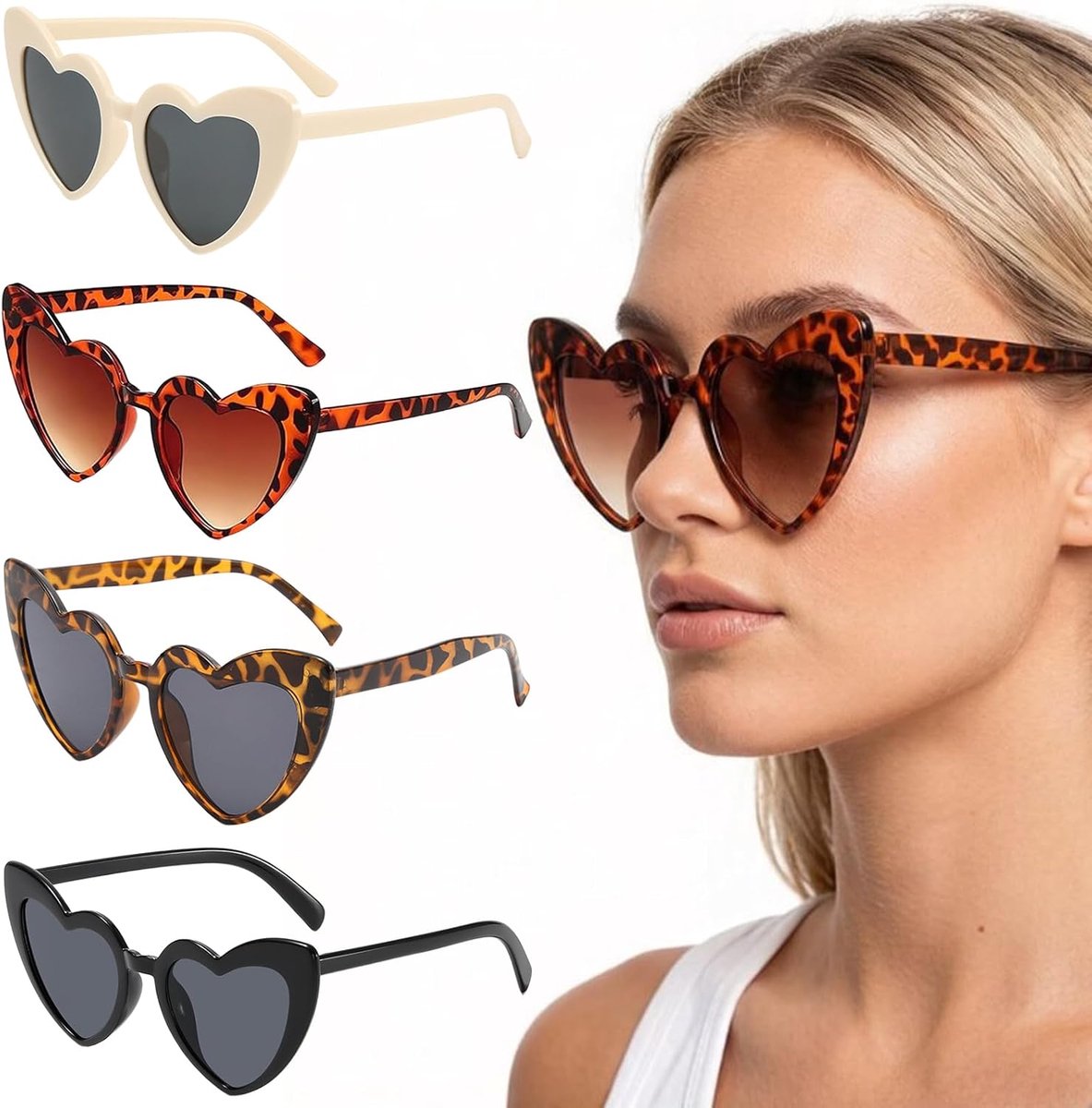 Zonnebrillen hartvorm - vintage stijl - luipaardpatroon, zwart en crèmekleurig - modieus accessoire voor bruiloften - ShopVlot