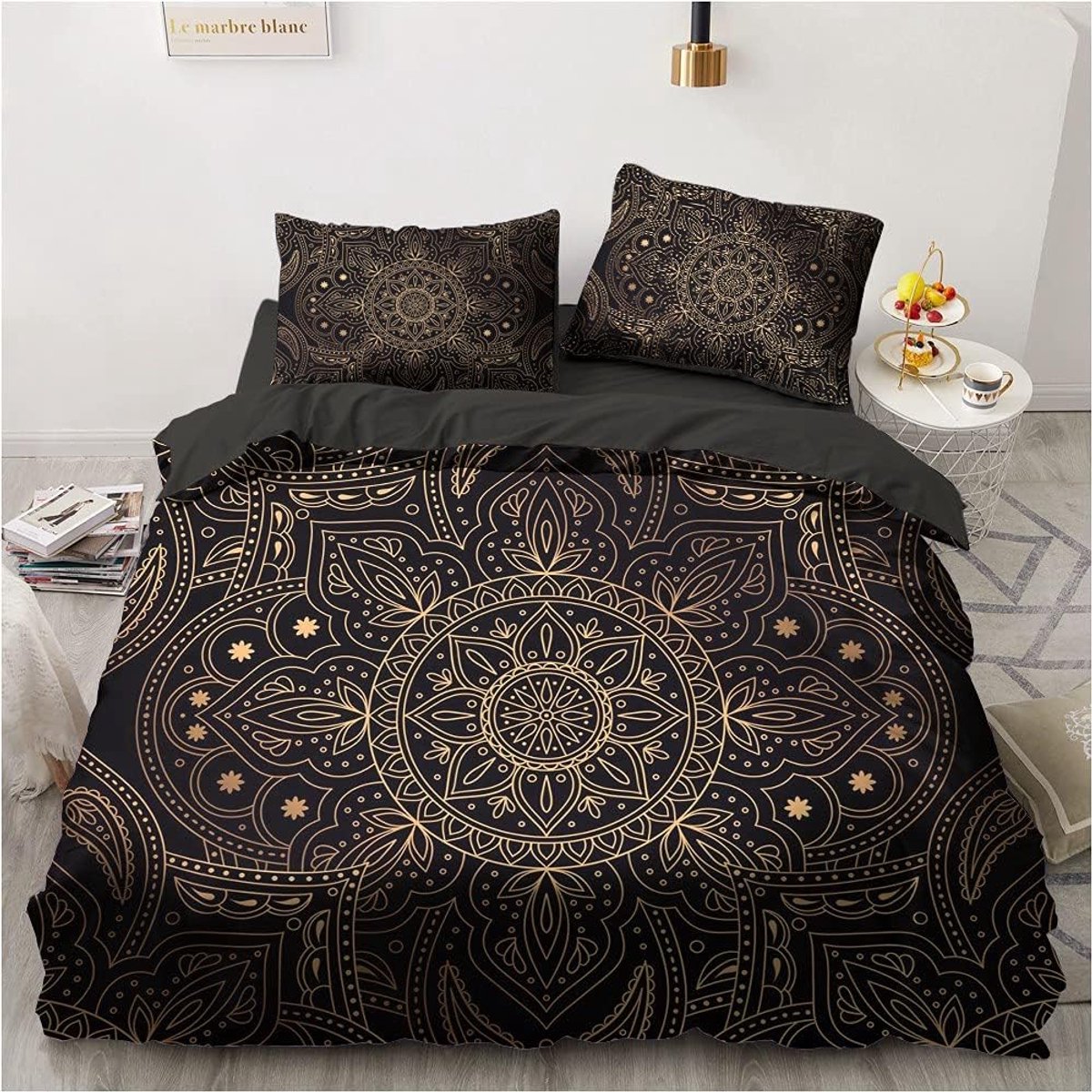 Dekbedovertrek 200 x 200 cm - Zwart Goud Bohemian Mandala - Luxe Microfiber - Creëert een exotische slaapkamer. - ShopVlot