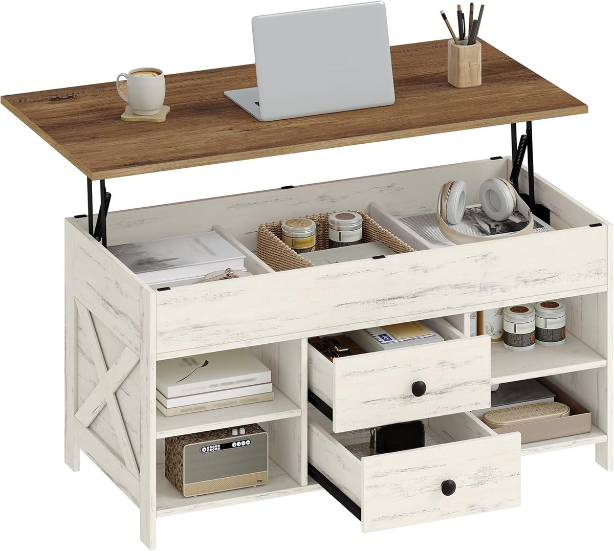 Hzuaneri Salontafel, woonkamertafel met opklapbaar blad, 2 laden en verborgen opbergruimte, 50 x 100 x 47,3-61,3 cm, voor woonkamer, eetkamer, kantoor, wit-bruin