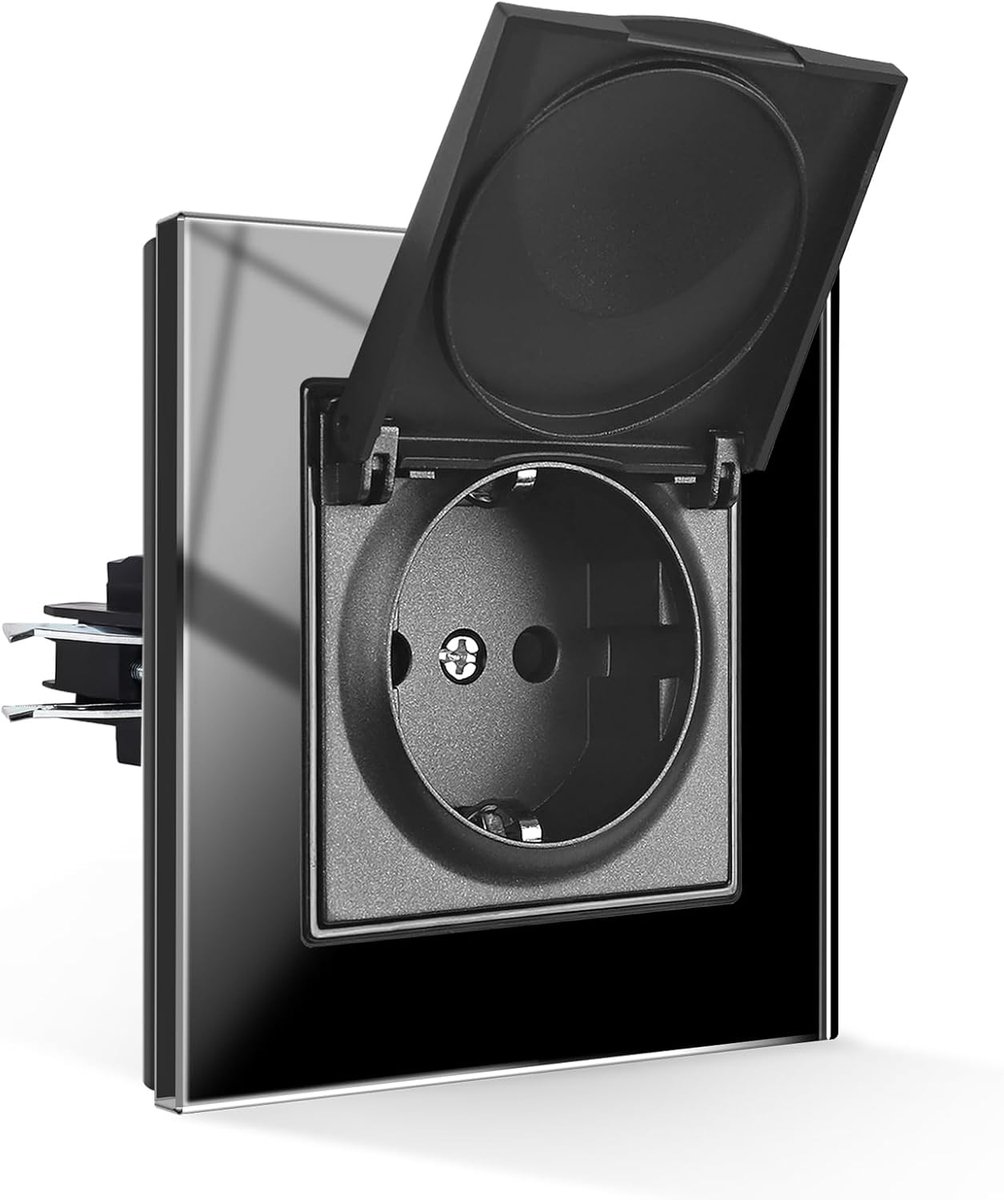 Waterdichte wandcontactdoos IP44 - Schuko met scharnierend deksel - zwart glas - veilig voor binnen en buiten - ShopVlot