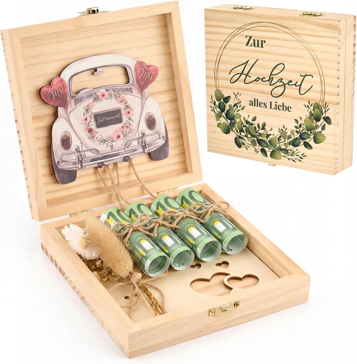 Geschenkdoos bruiloft 14,5 x 14,5 cm - Houten verpakking - Vintage auto ontwerp - Origineel geldcadeau voor bruidspaar - ShopVlot