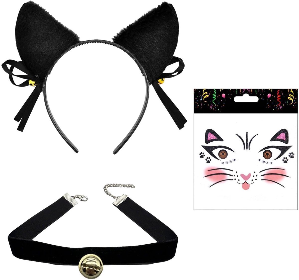 Kat accessoires set - Zwarte kat hoed, bel halsband en gezicht sticker - Geschikt voor kinderen en volwassenen - ShopVlot
