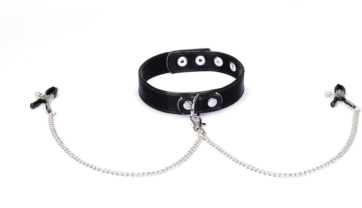 Liebe Seele - Metallic Shade - Vegan PU Lederen Collar met Tepelklemmen - Zwart