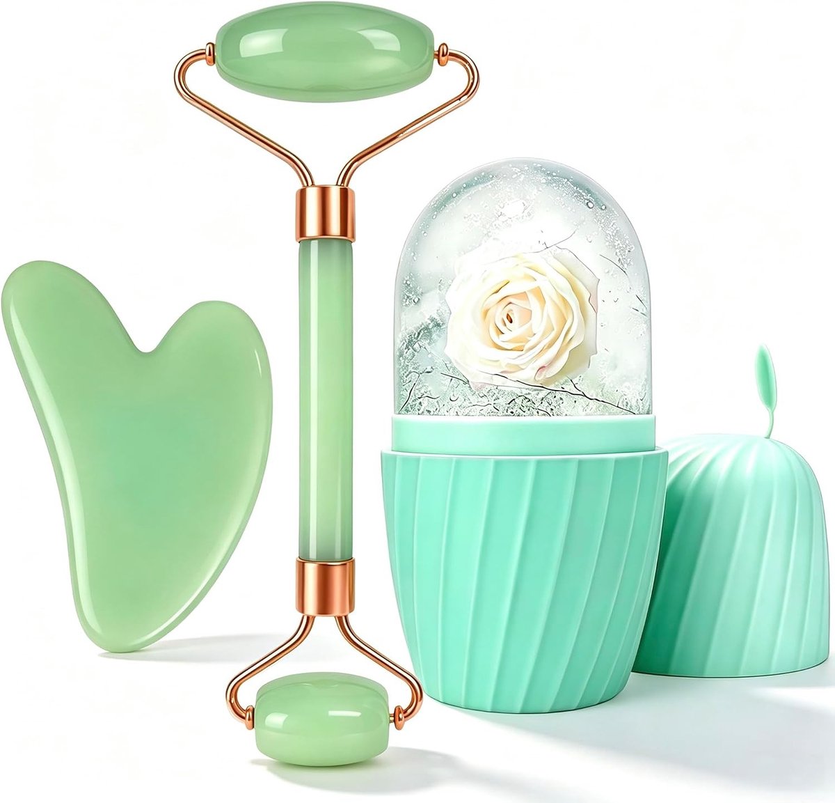 Gua Sha en Gezichtsroller in Mintgroen, Natuurlijke Jade Massager voor Huidverzorging, Verbetert Doorbloeding en Vermindert Fijne Lijntjes
